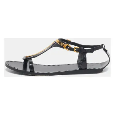 Tom Ford Black Croc Embossed Leather T-Strap Flat Sandals Size