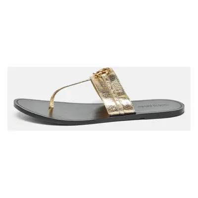 Roberto Cavalli Gold Crackled Leather Flat Slides Size