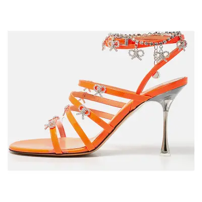 Mach & Mach Neon Orange Patent Leather Crystal Bow Camille Sandals Size