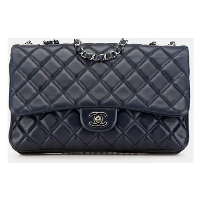 Chanel Navy Blue Jumbo Classic Lambskin Compartment Flap