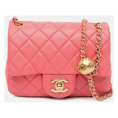 Chanel Pink Lambskin Leather Mini Square Classic Pearl Crush Flap Bag