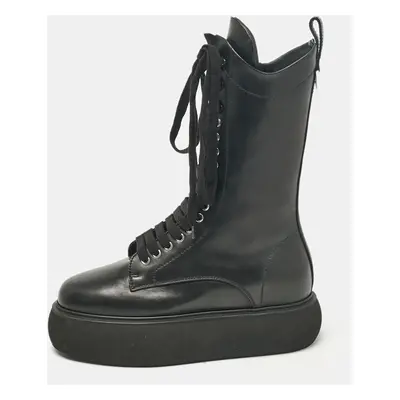 The Attico Black Leather Lace Up Mid Calf Boots Size Size