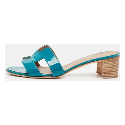 Hermes Teal Green Patent Leather Oasis Slide Sandals Size