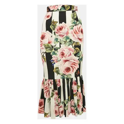 Dolce & Gabbana Pink/Black Rose Print Silk Flared Midi Skirt