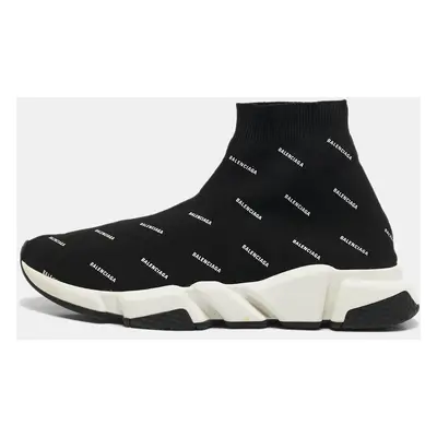 Balenciaga Black/White Knit Fabric Allover Logo Speed Trainer Sneakers Size