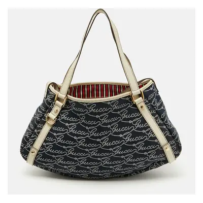 Gucci Navy Blue/White Canvas and Leather Signature Abbey Hobo