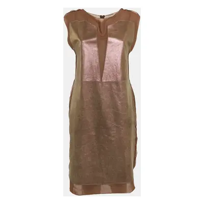 Bottega Veneta Brown Leather Round Neck Sleeveless Short Dress