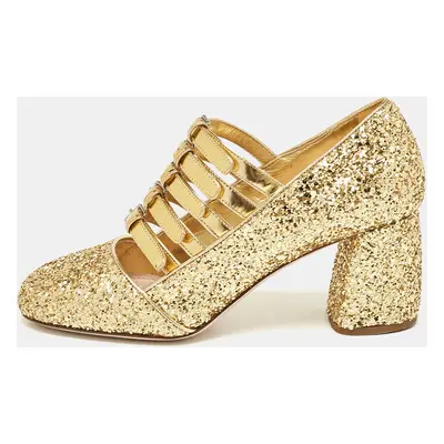 Miu Miu Gold Glitter and Leather Mary Jane Pumps Size