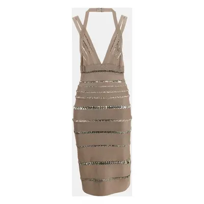 Herve Leger Tan Brown Bandage Knit Crystal Embellished Cut-Out Bodycon Dress