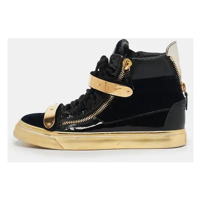 Giuseppe Zanotti Black/Gold Velvet And Patent Leather Coby High Top Sneakers Size