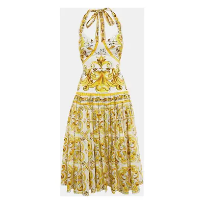 Dolce & Gabbana Yellow/White Majolica Print Poplin Halter Neck Midi Dress