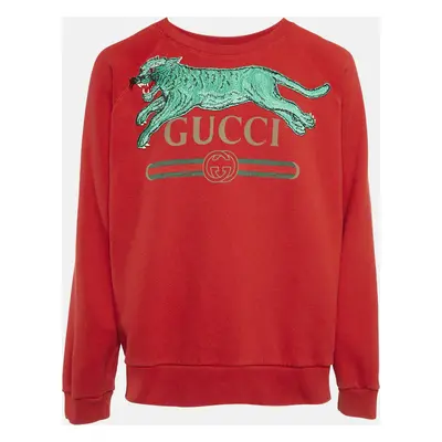 Gucci Red Tiger Applique Cotton Knit Crewneck Sweater