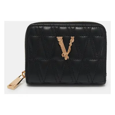 Versace Black Leather Zip Around Compact Wallet