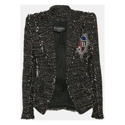 Balmain Black/Multicolor Tinsel Tweed Applique Detail Open Front Blazer