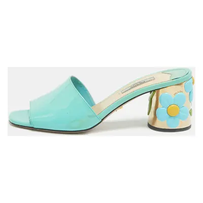 Prada Blue Patent Leather Floral Print Slide Sandals Size