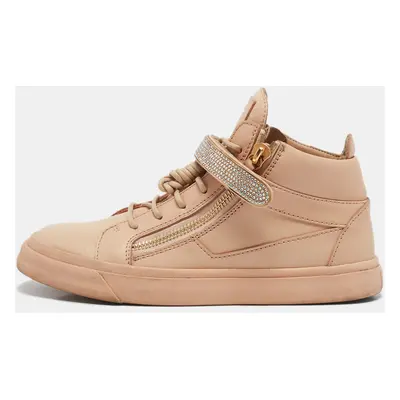 Giuseppe Zanotti Beige Leather Crystal Embellished Coby High Top Sneakers Size