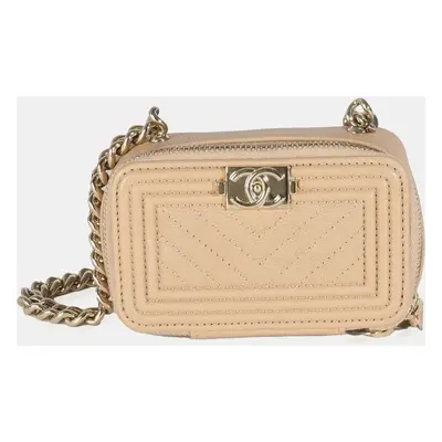 Chanel 22S Beige Caviar Chevron Quilted Mini Boy Clutch Handbag With Chain