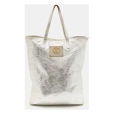 Roberto Cavalli Silver Python Embossed Leather RC Shopper Tote