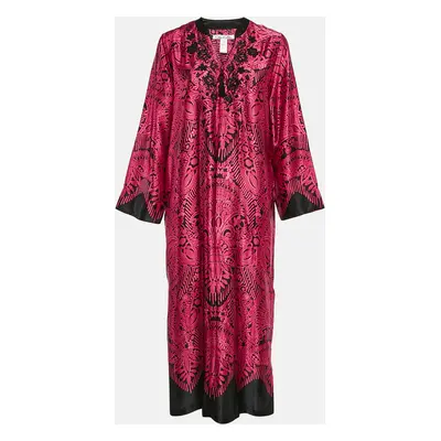 Oscar de la Renta Pink/Black Printed Satin Maxi Kaftan Dress