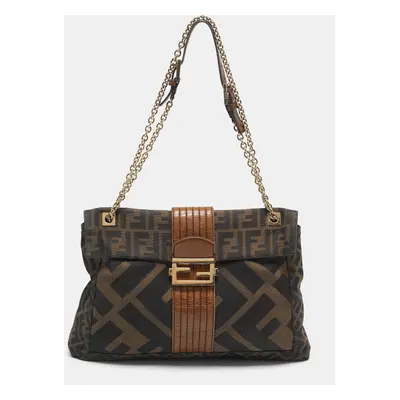 Fendi Tobacco Zucca Canvas and Leather Maxi Baguette Flap Shoulder Bag