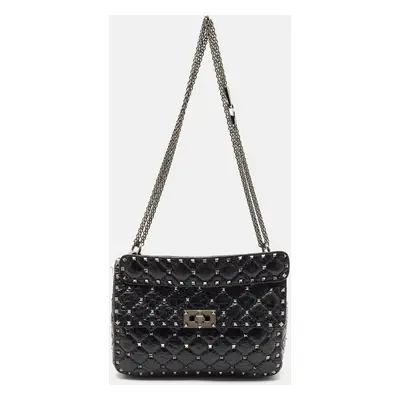 Valentino Black Quilted Crackle Leather Medium Rockstud Spike Top Handle Bag