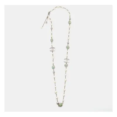 Chanel CC Faux Pearl Composite Silver Tone Long Necklace