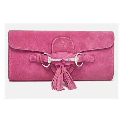 Gucci Pink Suede Crystals Horsebit Broadway Clutch