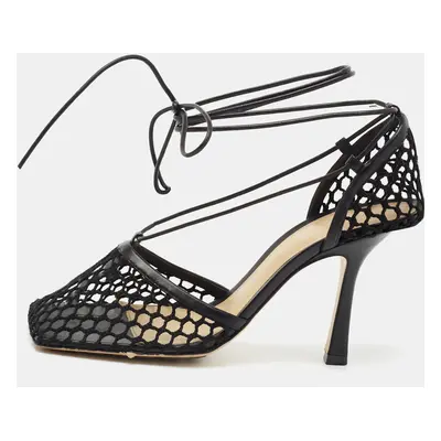 Bottega Veneta Black Mesh and Leather Stretch Ankle Strap Pumps Size