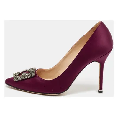 Manolo Blahnik Burgundy Satin Hangisi Crystal Embellished Pumps Size