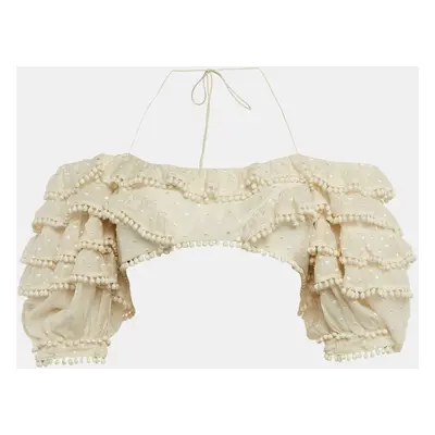 Zimmermann Off White Cotton Blend Ruffled Off Shoulder Crop Top