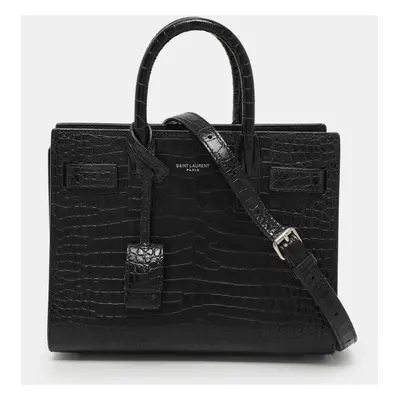 Saint Laurent Black Croc Embossed Leather Nano Classic Sac De Jour Tote