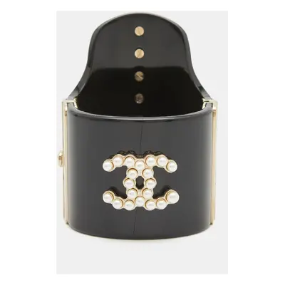 Chanel CC Black Resin Faux Pearls Embedded Asymmetric Cuff Bracelet