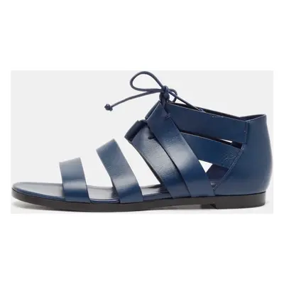 Hermes Navy Blue Leather Gladiator Flat Sandals Size 38.5