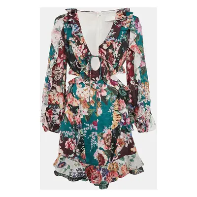 Zimmermann Green/Burgundy Floral-print Linen Cut-Out Allia Mini Dress