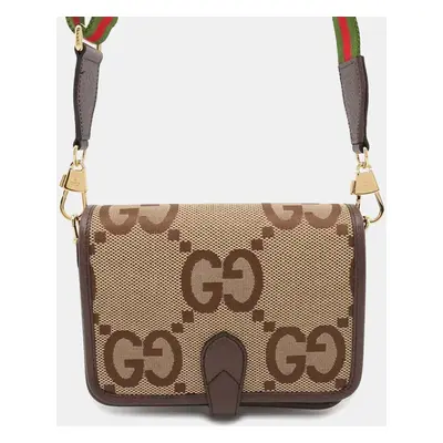 Gucci Beige/Brown Jumbo GG Canvas Leather Web Shoulder Bag