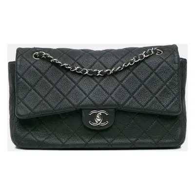 Chanel Black Jumbo Quilted Caviar Double Compartment Chain Flap