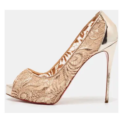 Christian Louboutin Beige Floral Lace and Leather Lady Peep Toe Platform Pumps Size