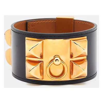 Hermes Collier De Chien Black Leather Rose Gold Plated Bracelet