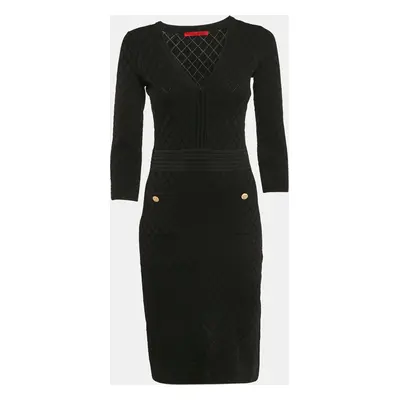 CH Carolina Herrera Black Pointelle Knit V-Neck Bodycon Dress