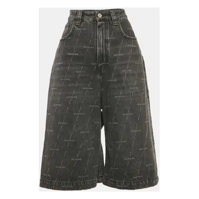 Balenciaga Black Logo Print Denim Mid-Rise Shorts