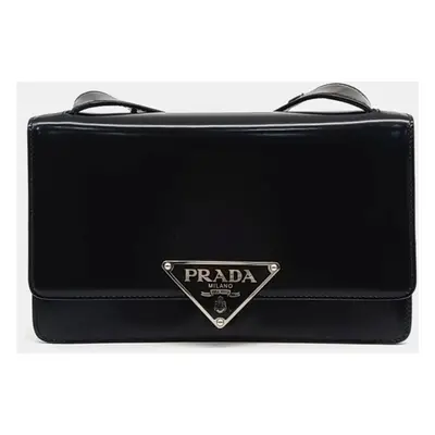 Prada Black Leather Emblem Brushed Shoulder Bag