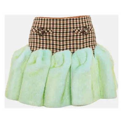 AREA Brown/Green aux Fur Trim Wool Godet Mini Skirt