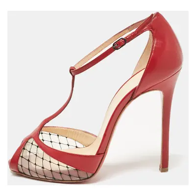 Christian Louboutin Red Leather and Mesh Peep Toe Sandals Size