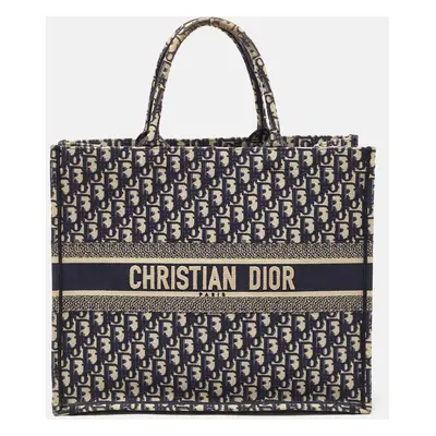 Dior Navy Blue Oblique Embroidered Canvas Large Book Tote