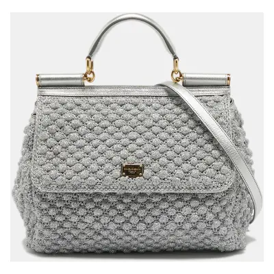 Dolce & Gabbana Silver Crochet Lurex Fabric and Leather Large Miss Sicily Top Handle Bag