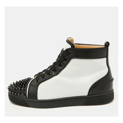 Christian Louboutin White/Black Leather Lou Crystal Embellished Spikes Orlato Sneakers Size