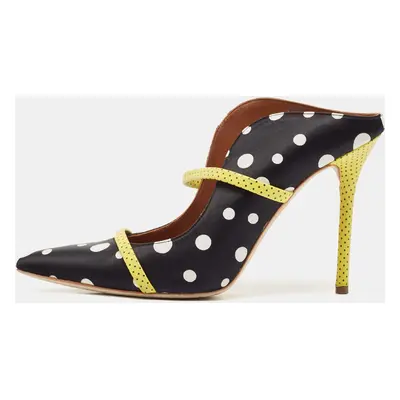 Malone Souliers Black Polka Dots Satin and Leather Trim Maureen Pointed Toe Mules Size