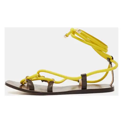 Jimmy Choo Brown/Yellow Rope and Leather Aziza Flat Ankle Wrap Sandals Size 39.5