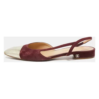 Chanel Gold/Burgundy Suede and Leather CC Slingback Flats Size