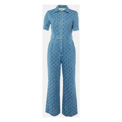 Sandro Blue Beehive Jacquard Denim Zip Up Jumpsuit